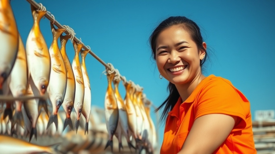 Young woman working with fish drying under blue sky, illustrating worker conditions.