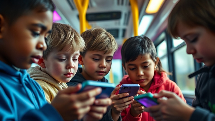 Children playing games on smartphones inside bus highlighting Hong Kong screen addiction problem.