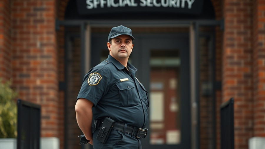 Security guard maintaining 24/7 care security at healthcare building entrance.