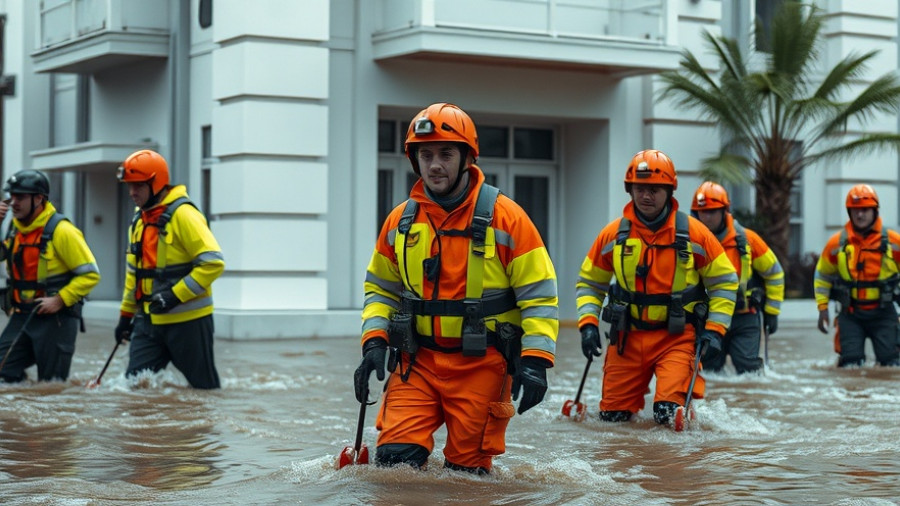 International support for hurricane recovery: rescue workers evacuating residents in flood.