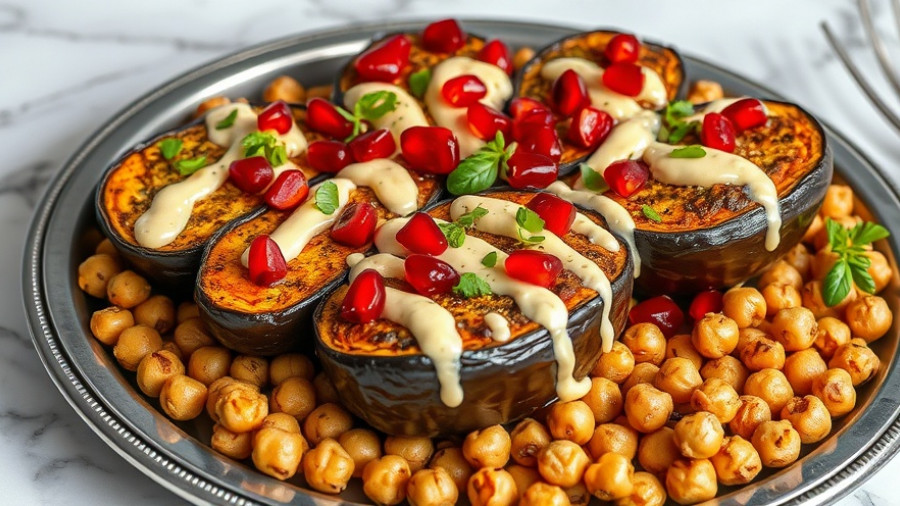Aubergine traybake recipe with pomegranate and tahini on platter.