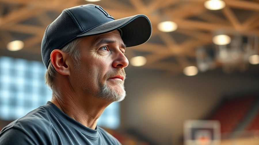 Middle-aged man in a cap at a sports arena, NBA talent.