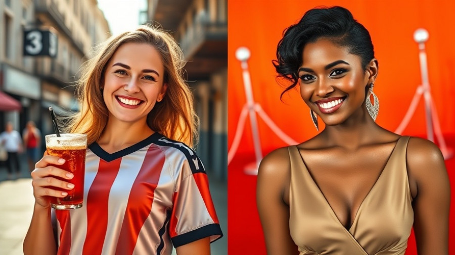 Two women smiling in casual and formal settings, vibrant backgrounds.