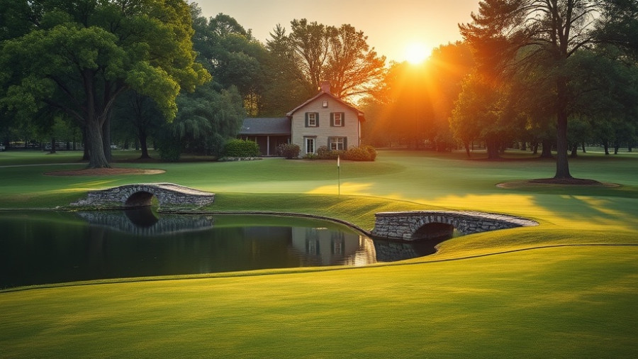 Scenic golf course with stone bridge and pond at charity golf tournament for police officers.
