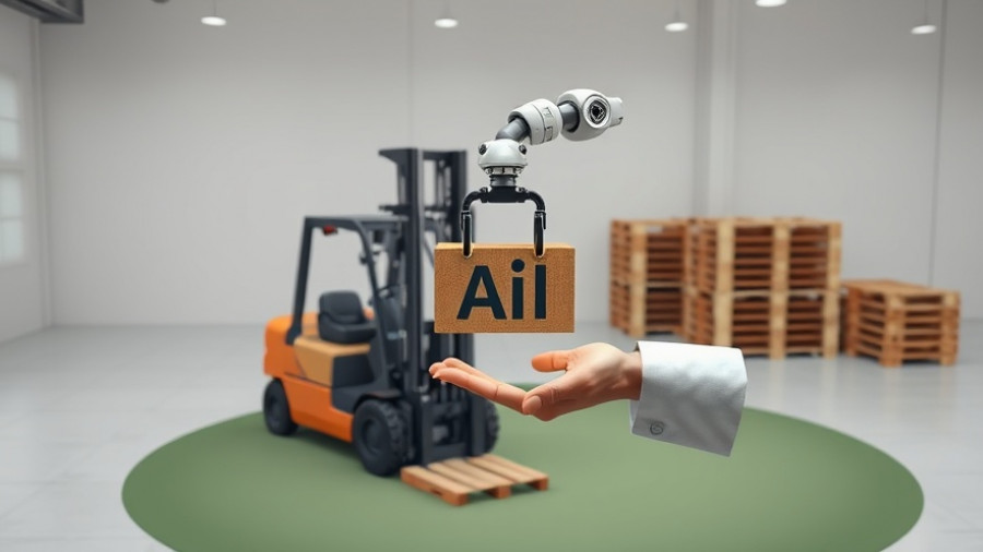 AI systems privacy in the workplace: Human hand receiving AI block from robotic arm on forklift.