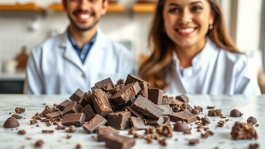 Chocolate pieces with a professional in a lab coat highlighting chocolate health benefits.