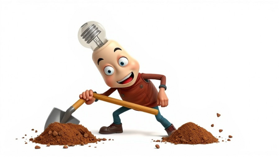 Quirky cartoon with light bulb head digging for what is work.