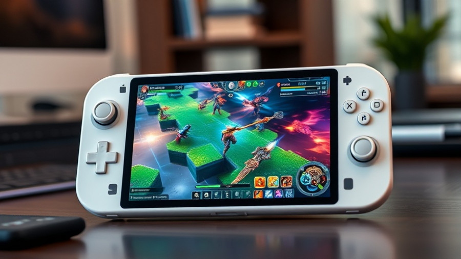 Glasses-free 3D handheld gaming PC displaying a colorful fantasy game on a desk.