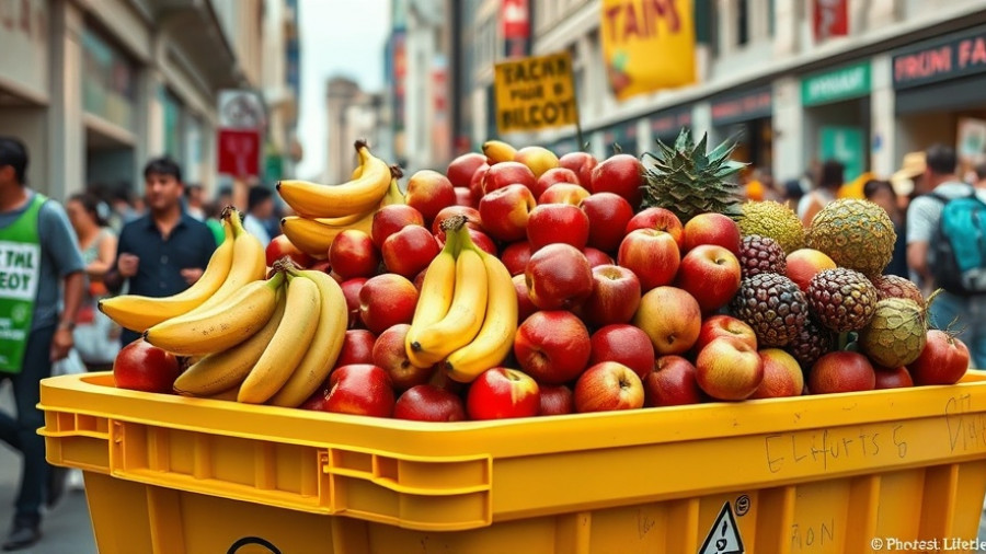 Surplus fruits as a protest against food waste, illustrating climate benefits.