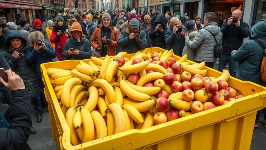 Reducing Food Waste Climate Impact: Large yellow bin with fruit on busy street