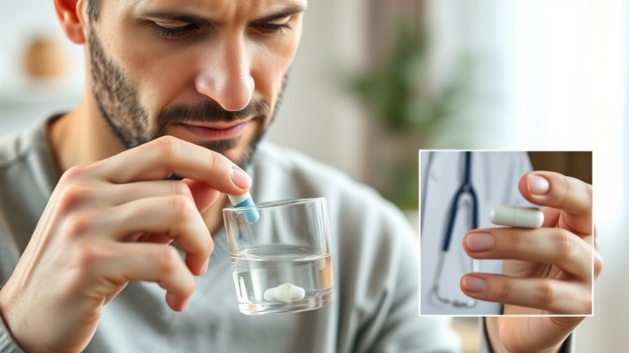 Man taking medication for stomach flu treatment, doctor portrait in background.