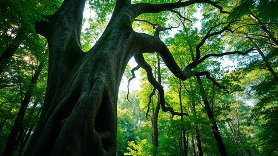 Bent tree trunk in forest with sunlight filtering through leaves, verwarmingstest.