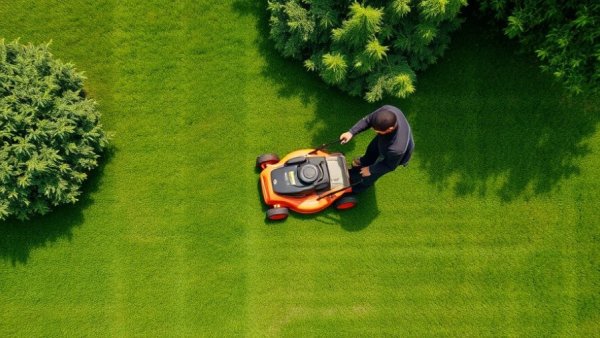 Ergonomic animal-friendly garden with lush grass being mowed.