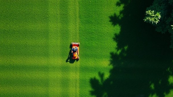 Person mowing lawn, shadows from tree, vibrant grass stripes, ergonomic landscape.