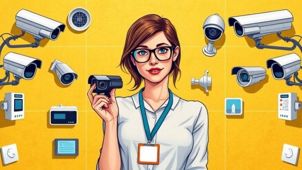 Collage depicts workplace surveillance theme with woman and cameras.