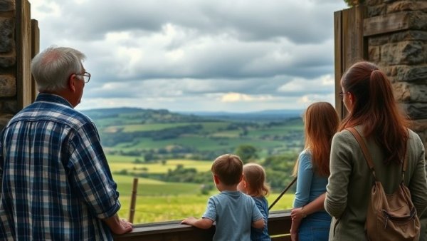 Intergenerational group enjoying countryside scenery, symbolizing healthy aging research funding.
