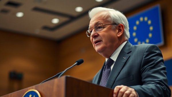 Gaza stabilization: Elderly man speaking at EU podium.