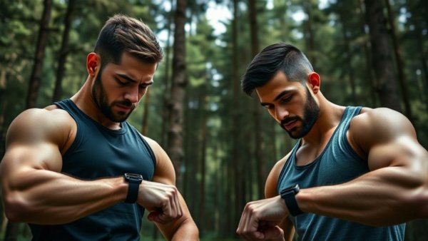 Athletic individuals checking heart rate on smartwatches in forest.