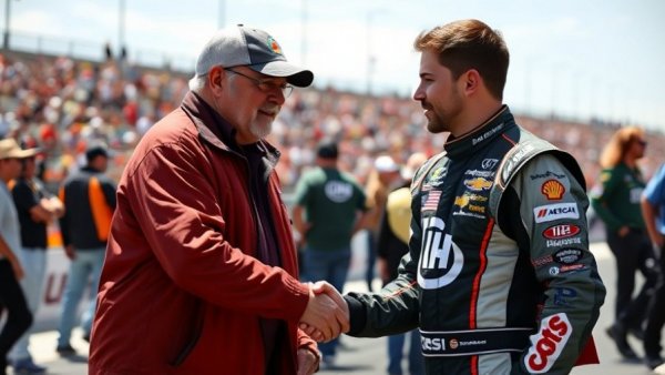 Race car driver greets older man at NASCAR, showcasing racing culture.