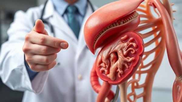 Anatomical pancreas model explanation illustrating pancreatic cancer symptoms.