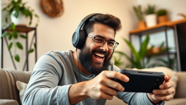 Man engaged in video gaming session, video game addiction signs setting, cozy living room.