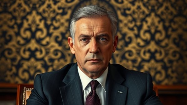 Portrait of a man in formal attire in front of an ornate background.