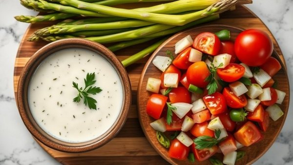 Sauces for Asparagus: Creamy herb sauce and vegetable salsa.