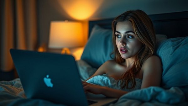 Young woman in bed surprised by laptop, exploring interest.
