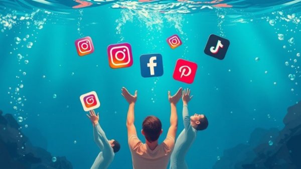 Underwater scene with swimmers and social media icons, Healthy Screen Time Habits for Parents