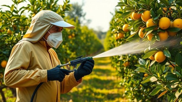 Person in orchard spraying pesticides, focusing on banned pesticides in EU.