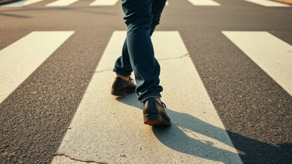 Person walking on a crosswalk in jeans and black shoes, dynamic movement.