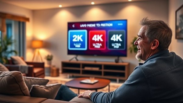 8K vs Full HD TV: person in living room with various Ultra HD options and a smiling man.