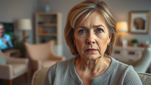 Concerned woman on TV set discussing video game addiction symptoms.