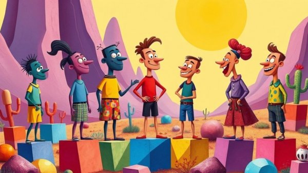 Abstract characters in vibrant landscape focusing on one-on-one conversation dynamics.