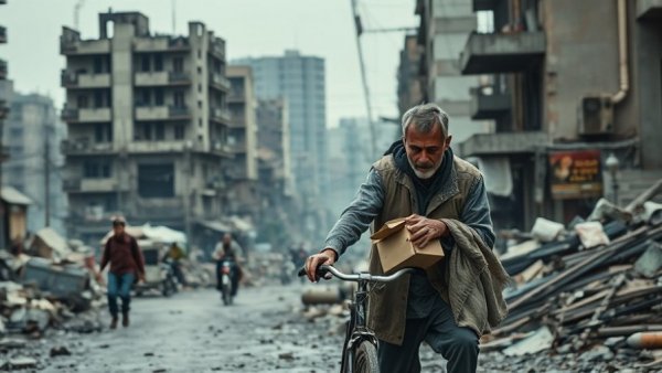 Men navigating ruins, Gaza humanitarian aid crisis