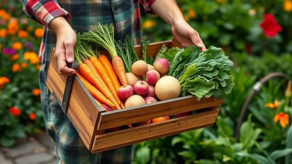Person carrying wooden crate of fresh vegetables in garden, highlighting benefits of eating locally.