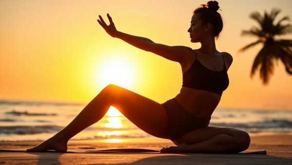 Woman practicing mindfulness and stretching during sunrise at the beach.