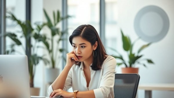 Thinking woman at desk reflecting on mental health accommodations.