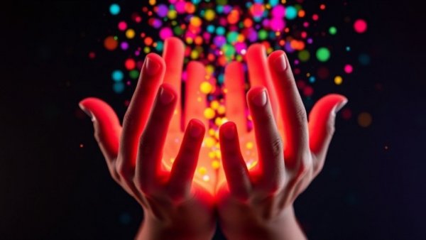 Vibrant hands releasing colorful particles, representing AI and Net Positive Business Strategies.