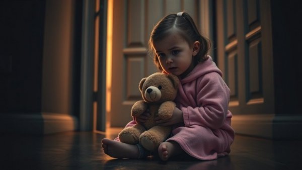 UAE parents fined for children's bullying concept with a young girl holding a teddy bear.