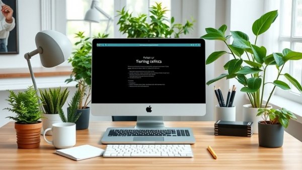 Modern desk setup showcasing microefficiencies with plants and laptop.