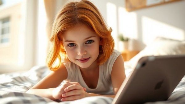 Child engaged in screen time using tablet in sunlit room.