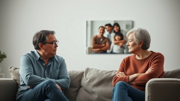 Concerned adults discussing a serious topic in a room with family photo.