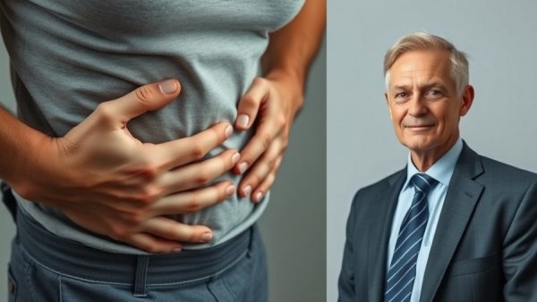 Chronic constipation solutions for seniors concept with person in discomfort.