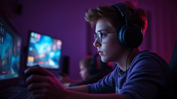 Teen game addiction: Teen deeply focused on video game in dimly lit room.
