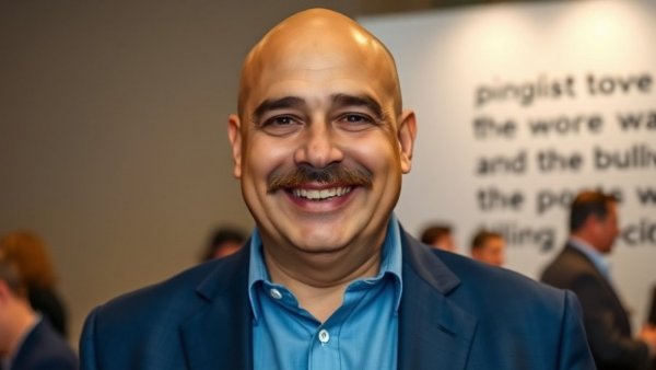 Middle-aged man smiling confidently at an event.