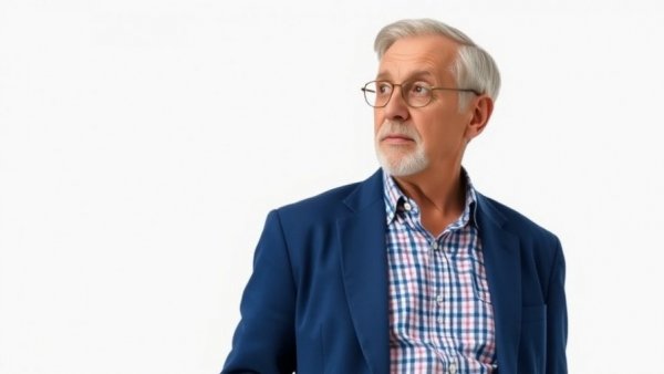 Older man contemplating how to make a weighed decision on white background.