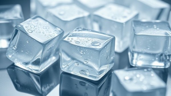 Cold therapy ice cubes with water droplets reflecting light.