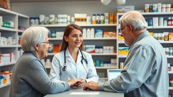 Pharmacist assisting customer in busy pharmacy, illustrating stress in the workplace.