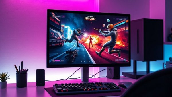 Computer screen with game in ambient lighting, gaming addiction.